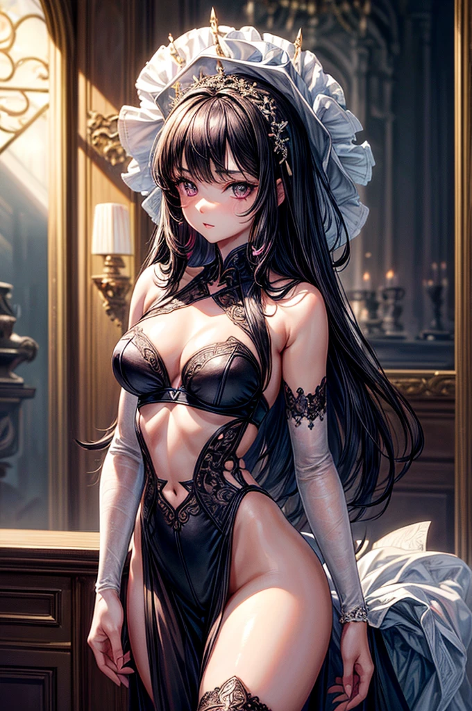 ((highest quality)),(ultra high resolution),(Super detailed),(detailed description),((best CG)),(best work of art),super precision art, great drawing art,(Art with precise details:1.5), (ung girl:1.5), beautiful and well-shaped face:1.5,(Beautiful skin with precise and detailed depiction:1.6),(crisscross sports bra, white thigh-high stockings ),gorgeous, masterpiece, best quality, high-resolution, finely detailed, extremely detailed and beautiful, distinct-image, 1 girl, 16 year old teen, solo, sharp facial features, oval shaped face. cherry pink lips, lightly tanned white skin. velvet-colored eyes, C-cup breasts, tall height(175cm), slim yet chiseled body type, short shoulder length dark violet-black hair, small narrow waist, long and slender legs, curvy wide hips, elegant gothic courtyard setting