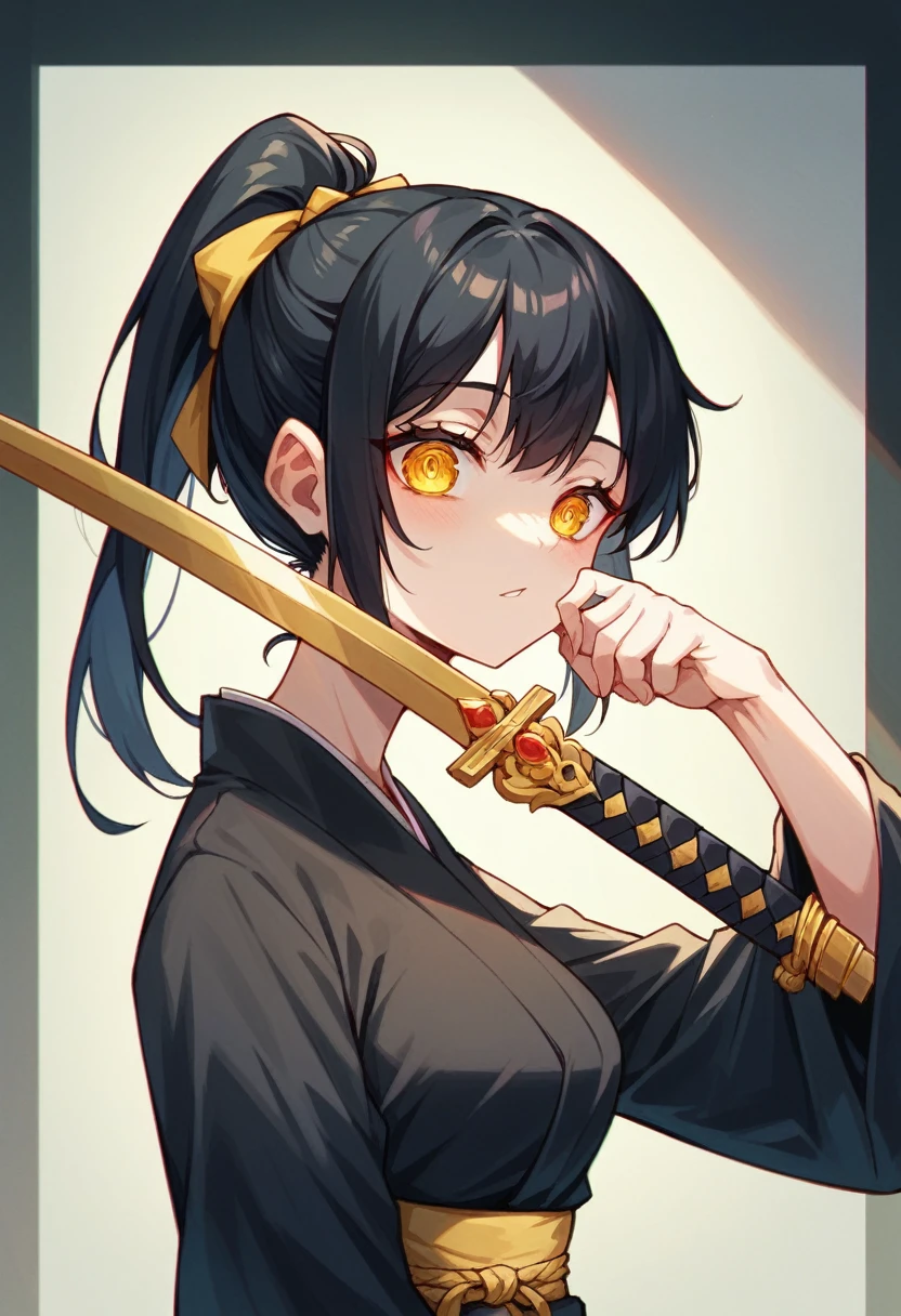 NSFW,Highest quality, Intricate details, chromatic aberration,One Girl, Black kimono with gold rimming, Hair tied in a ponytail,Black Hair,Yellow Eyes,Sword on waist,god々Shining Eyes, The light hits her face,Full Art,Facing forward,Have a conversation,whole body,Urban area,Character portrait