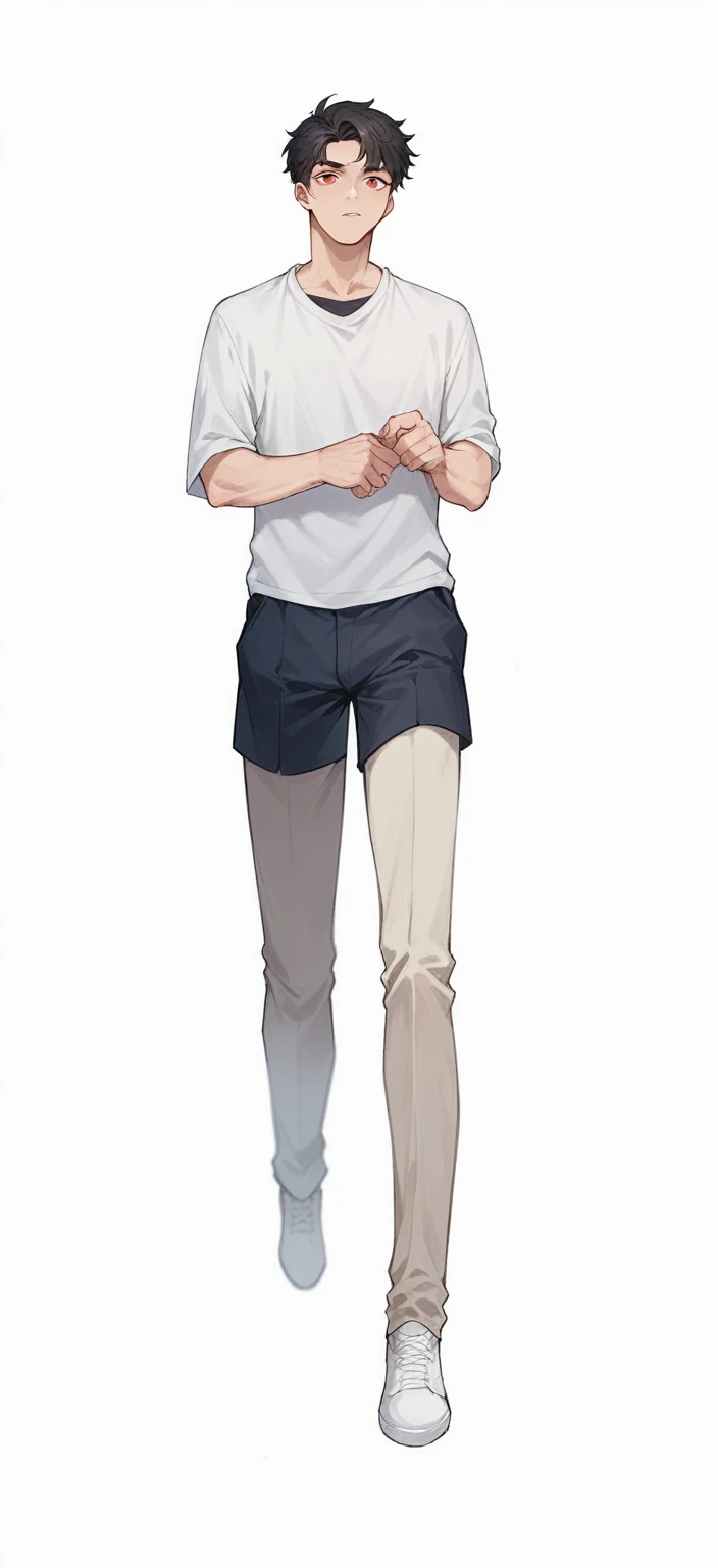 a pretty Male, light brown skin red eyes and king black hair wearing a mage uniform, the man is walking inside a school halls. Manhwa style.