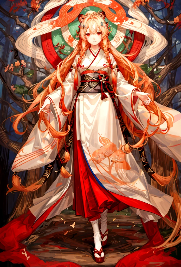 ((최고의 품질)), ((걸작)), (상세한), 여자 1명, Orange color hair , black highlights hair , Long and wavy flowing freely hair ,tiger ears on top of the head , red eyes , Calm and gentle eyes , Fair complexion skin , Traditional Korean hanbok , Cream-colored with intricate patterns and details hanbok , Full skirt typical of a hanbok , Complementary colors and patterns to the top, flowing gracefully hanbok , Forest , Daytime with clear skies , The character is standing gracefully in the forest, blending the traditional elegance of the hanbok with the serene natural surroundings