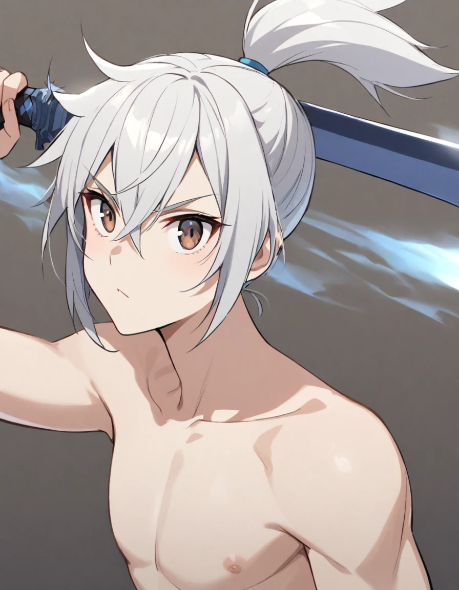 topless male, white hair, topknot, brown eyes, blue straps, weapon over shoulder, holding weapon