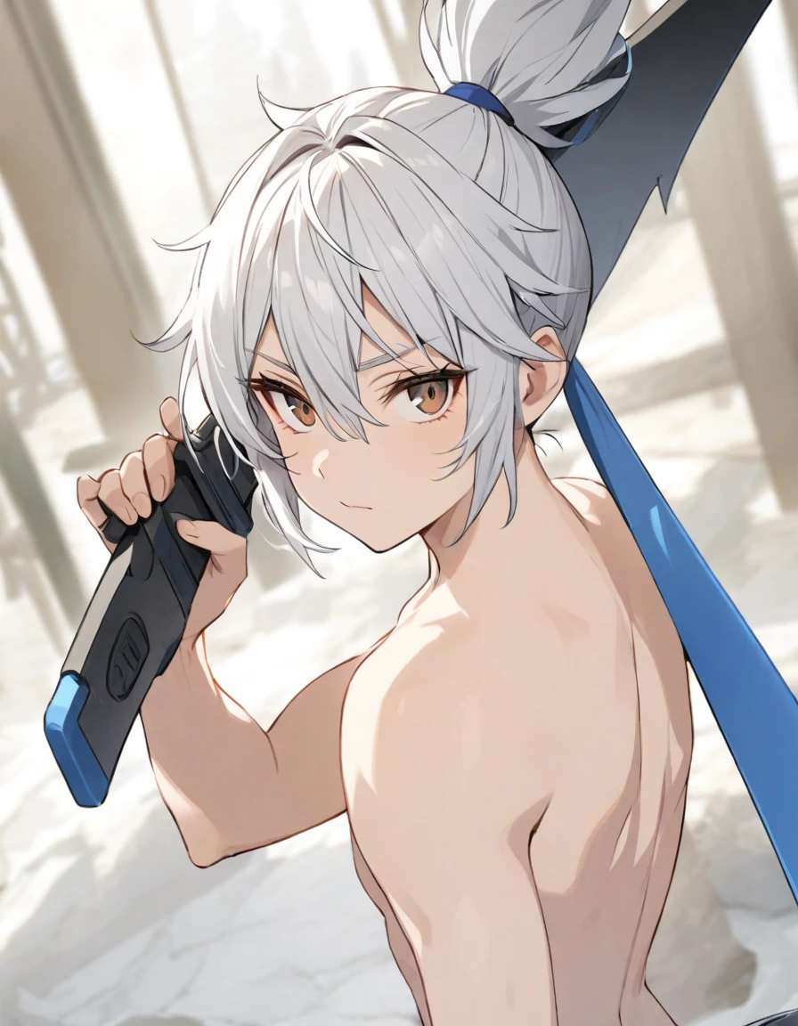 topless male, white hair, topknot, brown eyes, blue straps, weapon over shoulder, holding weapon