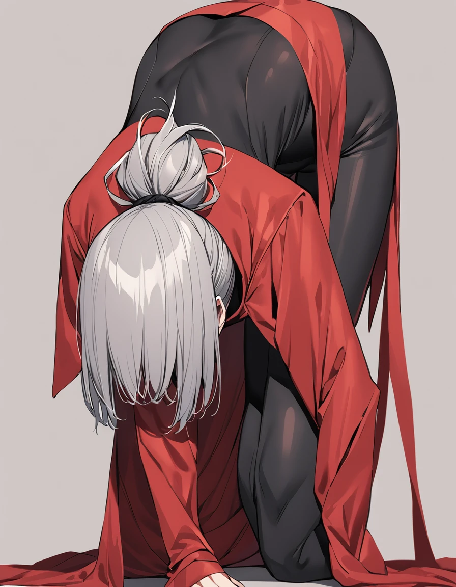 Tall, slim, She has long grey hair tied back in an enormous, messy ponytail that reaches down to her thighs, some of her hair is covering one of her eyes, she wears a red jacket over a black full-body suit, golden eyes