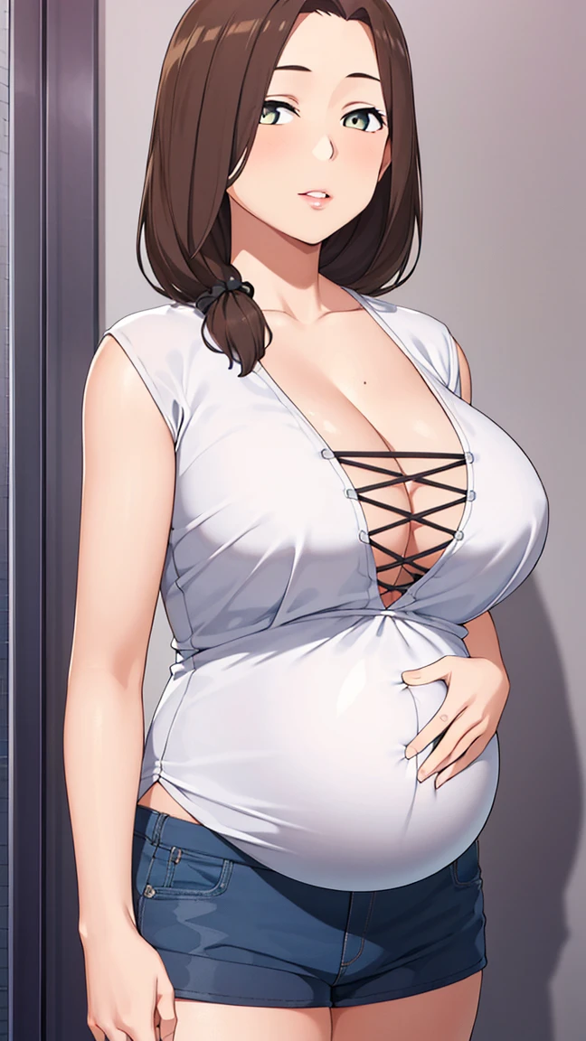 One girl, masterpiece, Highest quality, Very detailed, (figure), Brown Hair, Long Hair, Low Ponytail, Braiding, Parted bangs, View your viewers, Glossy Lips, Lips parted, Perfect lighting, V-neck tops, Cleavage, Cowboy Shot, Short shorts、Pregnant women