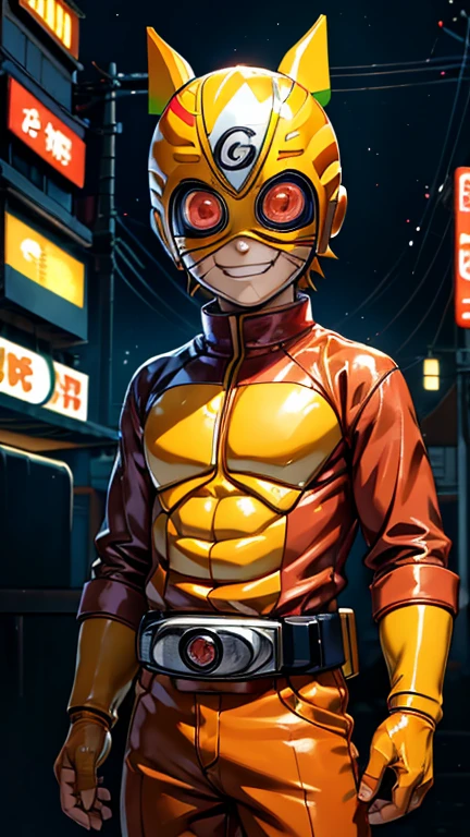 (8k),(masterpiece),(Japanese),(8-year-old boy),((innocent look)),((Childish)),From the front,smile,cute,Innocent,Kind eyes,Flat chest, Uzumaki Naruto,Kamen Rider,yellow helmet,orange superhero mask,camisa,no Hair,night,dark, Neon light cyberpunk Konoha village