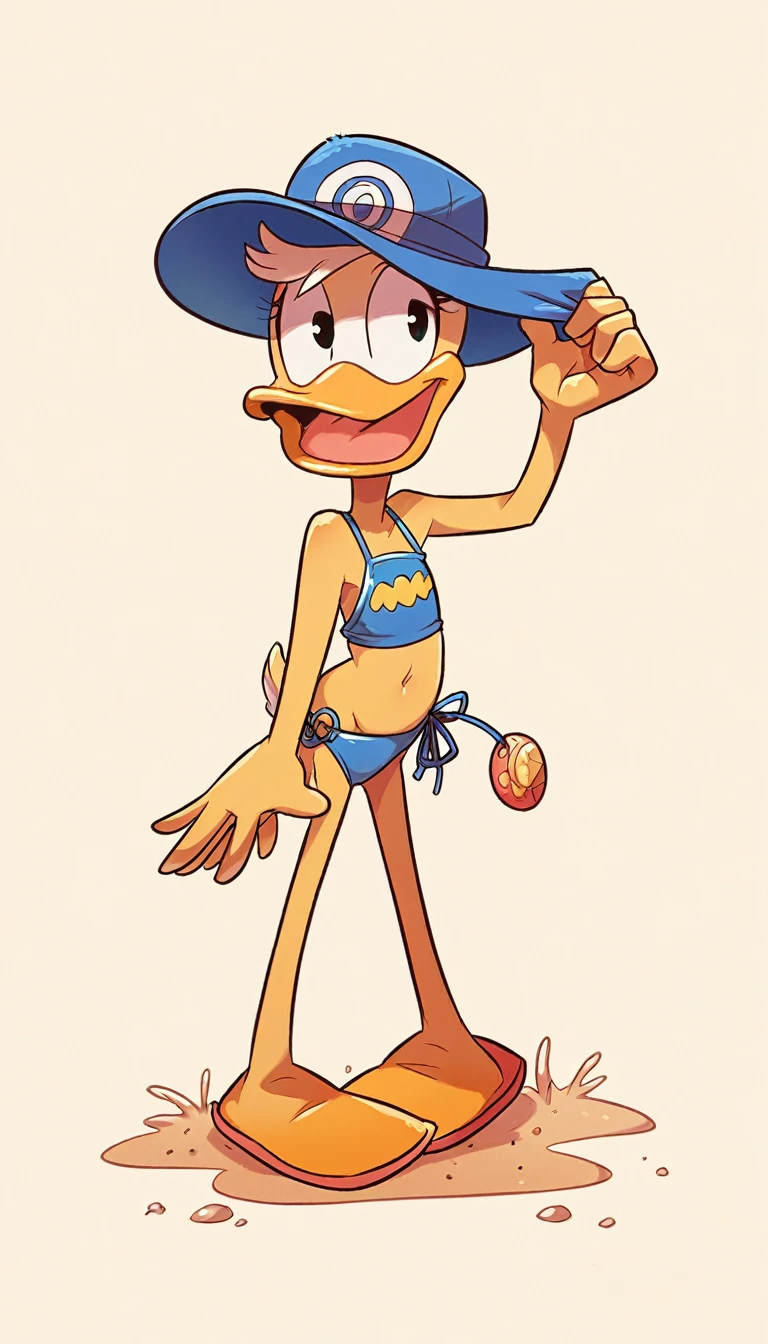 cartoon duck with a bikini and a hat on standing in the sand, inspired by Jacob Duck, kathy zyduck, donald duck in real life, character is in her natural pose, inspired by Carl Barks, donald duck, flat chested, subject= duck, is wearing a swimsuit, loony tunes style, cel - shaded art style, in a bikini