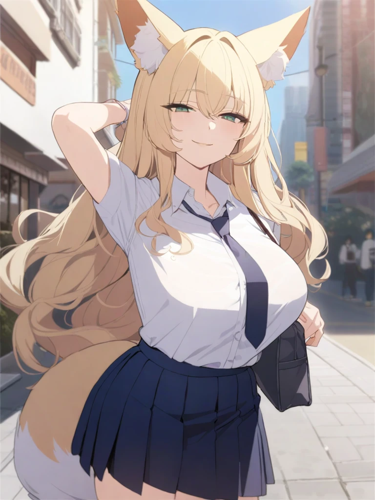 masterpiece, best quality, high quality, beautiful anime character, solo, anime girl with blonde hair, messy hair, long hair, green eyes, fox ears, big breasts, mature female, tall female, big girl, thick, (naughty face, light smile, loving eyes), outdoors, (white shirts, dark blue pleated skirt, dark blue necktie), huge fox tail, school girl, white socks, street background, standing, bag, 