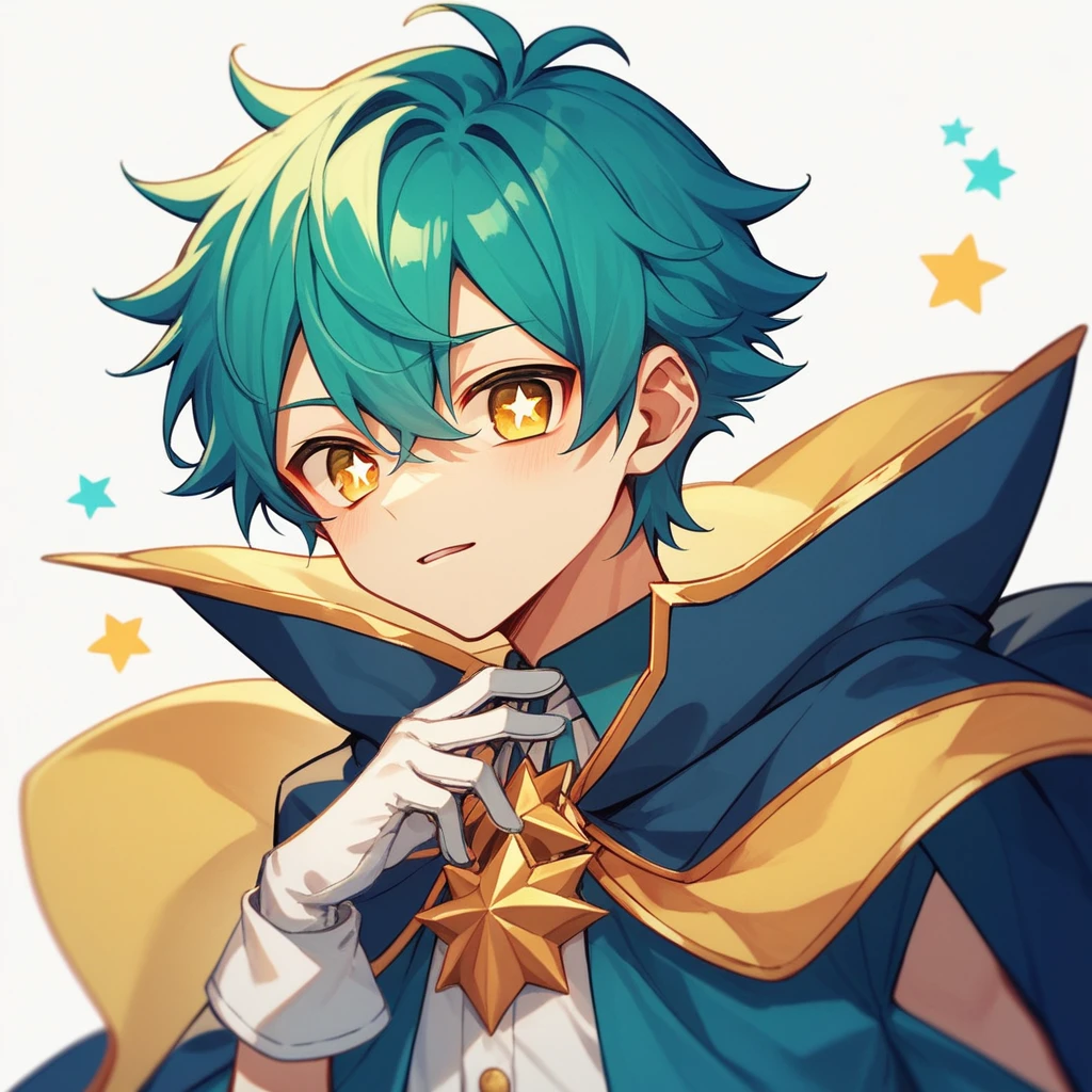 1boy, teenager, light skin, short turquoise hair, yellow eyes, star-shaped pupils, white background, colorful and extravagant clothing, cape, white gloves, makeup, anime style, digital art, cute