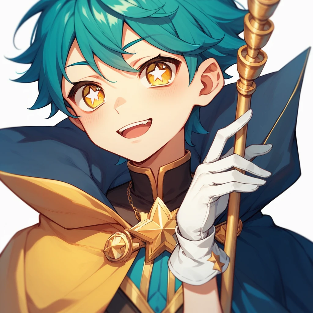 1boy, ager, light skin, short turquoise hair, yellow eyes, star-shaped pupils, white background, colorful and extravagant clothing, cape, white gloves, makeup, anime style, digital art, cute