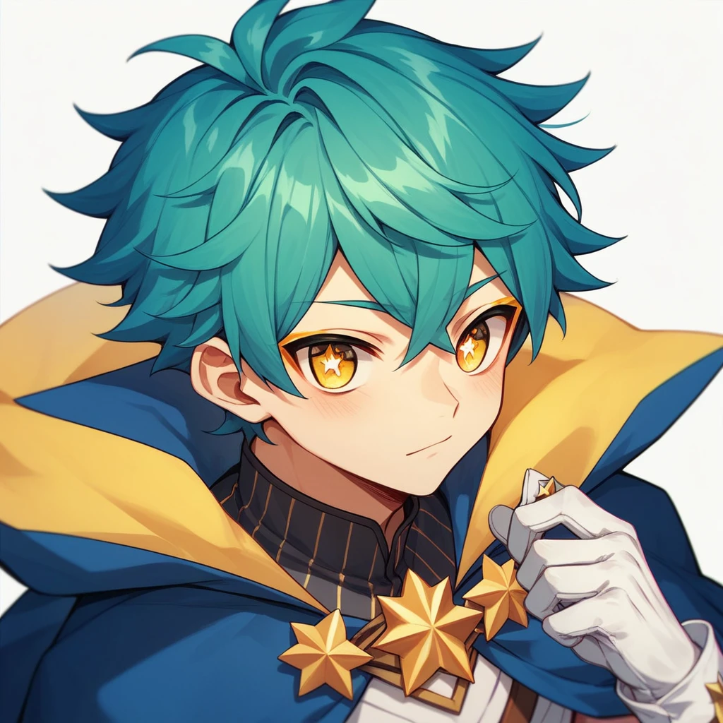 1boy, teenager, light skin, short turquoise hair, yellow eyes, star-shaped pupils, white background, colorful and extravagant clothing, cape, white gloves, makeup, anime style, digital art, cute