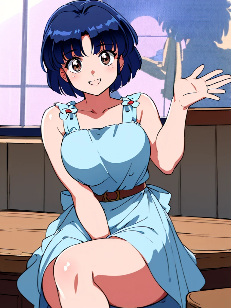 HDR, CG, sharp focus, (8k), (4k), masterpiece, best quality, detailed skin, extremely detailed, hiper detailed, sharp focus, looking at viewer, high quality, AKANE, Akane tendou, short hair, blue hair, brown eyes , tetas grandes, solo, 1girl, hands on chest, sit on bar chair, bar background, pelvic curtain dress, waving, happy smile,