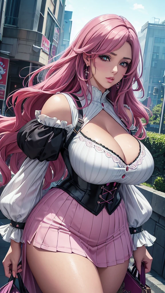 Saggy breasts,Mature Woman,Huge breasts, Huge breasts,alone,repair,((teasing)),eye shadow,lip,Glossy eyelashes,Pink Hair,Black Hair, ((Two-tone hair)),Earrings, Detailed decoration, oh,Half-eye,embroidery, corset, Suspender skirt, Frilled Skirt, Off-the-shoulder knit, Extra large size, Baggy clothes, lipニット, Puff sleeves, Long Hair, Curly Hair,From an angle,Dynamic Angle, throw,From above ,(Hand Focus),(((pastel colour))), Wide-angle,Walking around the city, bag,
, Big eyes, Fuller lips,Long eyelashes, (Highest quality,4K,8K,High resolution,masterpiece:1.2),Very detailed,(Realistic,photoRealistic,photo-Realistic:1.37), Intricate details, Vibrant colors, Dramatic lighting, Structure of the film, Anime-inspired art style,