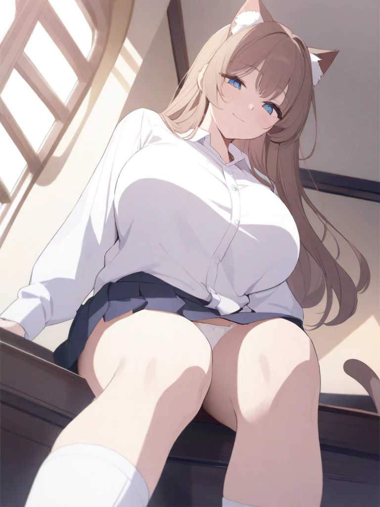 masterpiece, best quality, high quality, beautiful anime character, solo, anime girl with brown hair, soft hair, long hair, blue eyes, cat ears, big breasts, mature female, tall female, big girl, thick, (calming face, light smile, loving eyes), indoors, (white shirts, white panties, dark blue pleated skirt), cat tail, from below view, school girl, white socks, sitting, panties peeking, crotch highlighting,