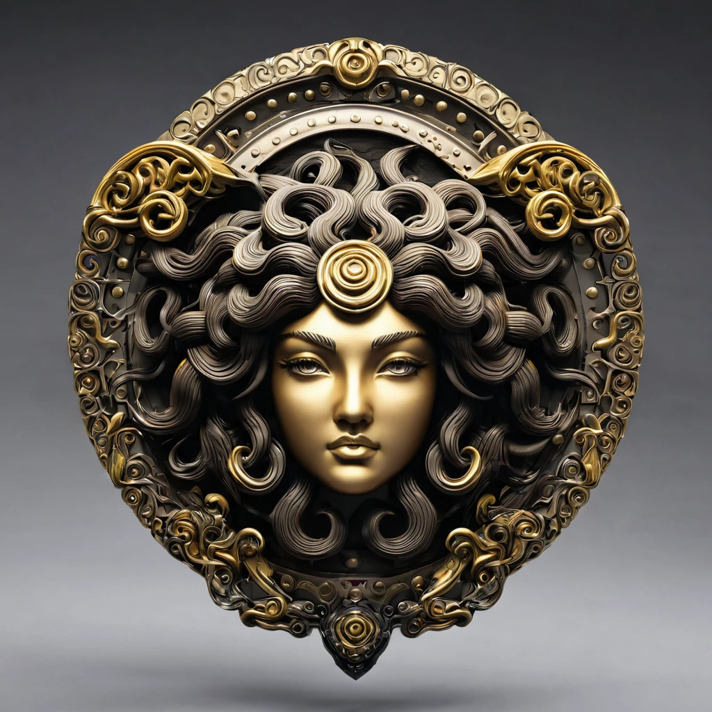 アイギスのshieldを描きます,A design that transforms Medusa'face and hair.,Magic Stone,Metallic luster,Inlay,Colorful,beautiful光と影,Reflection of light,Ortan Rendering,Draw in detail,Very detailed,A clear pattern,beautiful,Artwork,masterpiece,Made by a celebrity,伝説のshield,Aegis:shield,Photorealistic,Fantasy