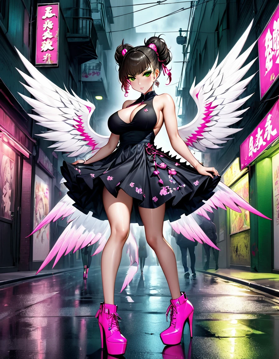 anime 4D Chun LI + Sakura girl sexy angels bright white wings big tits spiky mohawk hair dress V-cuts walking on a gloomy dark street in neon pink high heels scared style photo realism, fully detailed drawing in black and black and only the big green eyes
