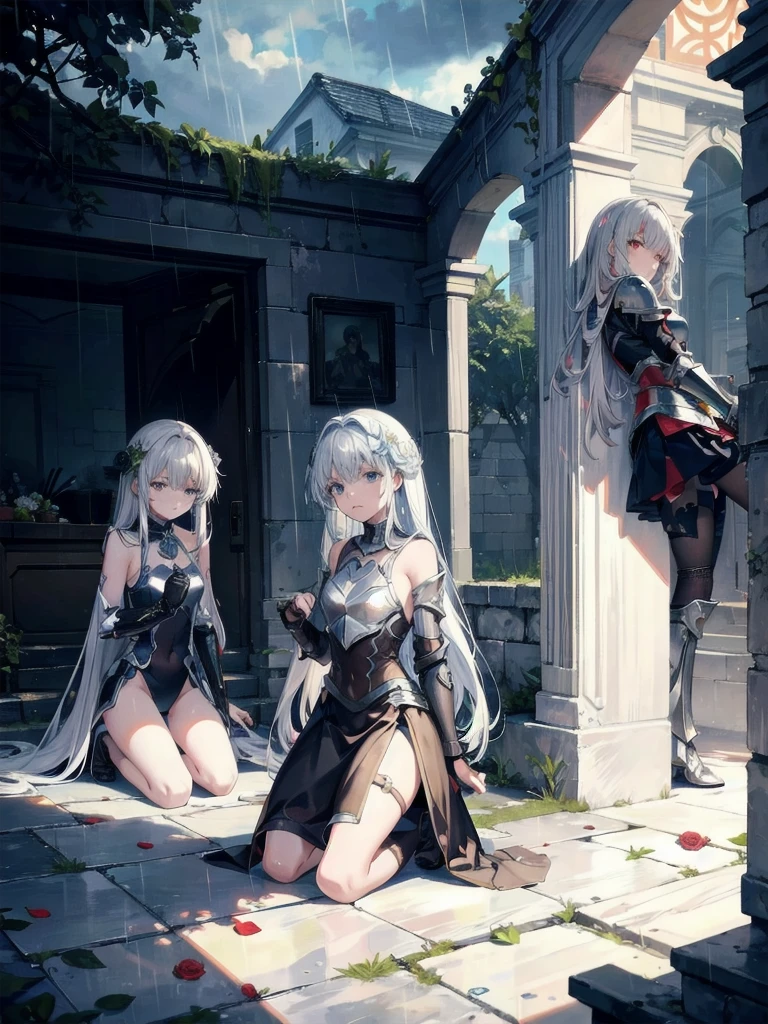 three girls, kneeling in the floor, wearing a ultra shattered and ultra broken cute skimpy bright armor, lot of missing pieces, very damaged armor ,ripped clothes, broken helmet ,broken shield and broken sword, in tears, sad, dramatic scene, tears flowing in the face, garden, roses, rain, ultra detailed face