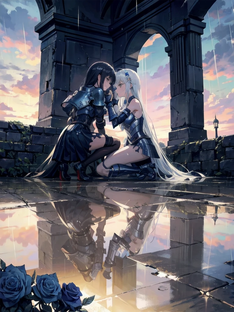 three girls, kneeling in the floor, wearing a ultra shattered and ultra broken cute skimpy bright armor,  lot of missing pieces, very damaged armor ,ripped clothes, broken helmet ,broken shield  and broken sword, in tears, sad, dramatic scene, tears flowing in the face, garden, roses, rain, ultra detailed face 