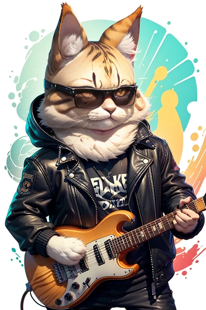 (A cat wearing a black leather jacket and playing a guitar) A cartoon of an anthropomorphized cat wearing sunglasses and playing an electric guitar