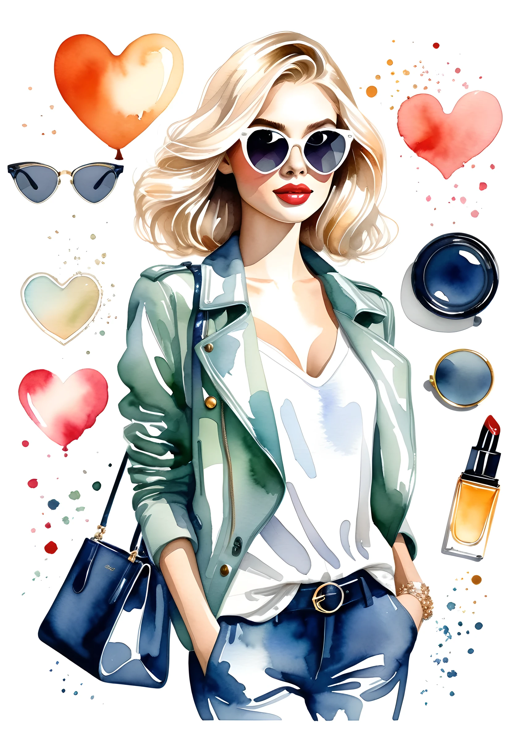 ((Watercolor style masterpiece with vector details)). | An illustration of a young fashionista with blonde hair, wearing heart-shaped sunglasses. The figure should be highlighted with a simple white background, isolated for a clear visual impact. The style is a fusion of soft watercolor and vector elements, providing a modern and stylized look. The young woman must be represented with a confident expression and an impeccable sense of fashion, reflected in her clothes and accessories. | The watercolor technique should give an artistic and fluid touch, while the vector style ensures that the contours and details are precise and defined. The combination creates a visually attractive and sophisticated illustration. | The image is highlighted, with a clear focus on the young woman and her accessories, creating an elegant and contemporary look. | ((((((full body image))))), ((perfect texture, perfect design, perfect layout, perfect detail, ultra detailed, enhance details, correct imperfections):1.2), ((More Detail, Enhance)).
