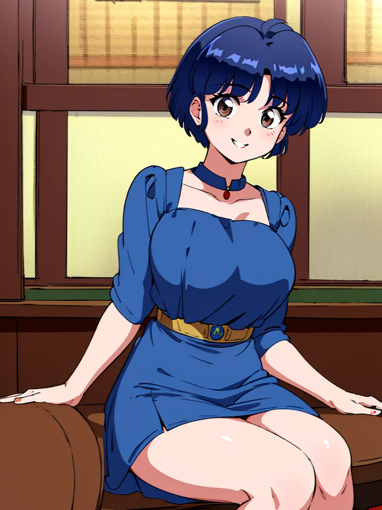 HDR, CG, sharp focus, (8k), (4k), masterpiece, best quality, detailed skin, extremely detailed, hiper detailed, sharp focus, looking at viewer, high quality, AKANE, Akane tendou, short hair, blue hair, brown eyes , tetas grandes, solo, 1girl, hands on chest,  sit on bar chair, bar background, pelvic curtain dress, waving, happy smile, 
