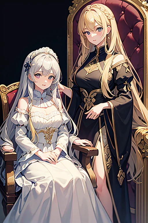 masterpiece, Highest quality, High resolution,Follow the on-screen instructions、Anime Style、Two girls on the screen、Maid、A beautiful girl with long blonde hair and a beautiful girl with long silver hair、Sitting on the throne、Two Thrones