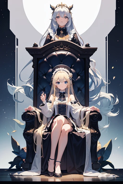 masterpiece, Highest quality, High resolution，Follow the on-screen instructions、Anime Style、Two girls on the screen、Maid、A beautiful girl with long blonde hair and a beautiful girl with long silver hair、Sitting on the throne、Two Thrones