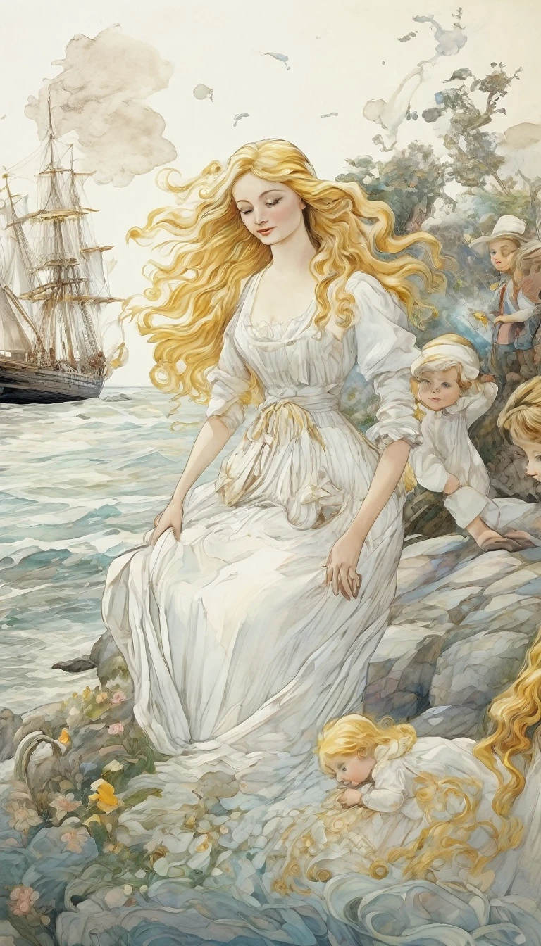 Une illustration d'Eléonore, vêtue d'une robe blanche, heureuse avec son mari et ses deux enfants, ses cheveux blonds flottant au vent, captivant les regards admiratifs des villageois.