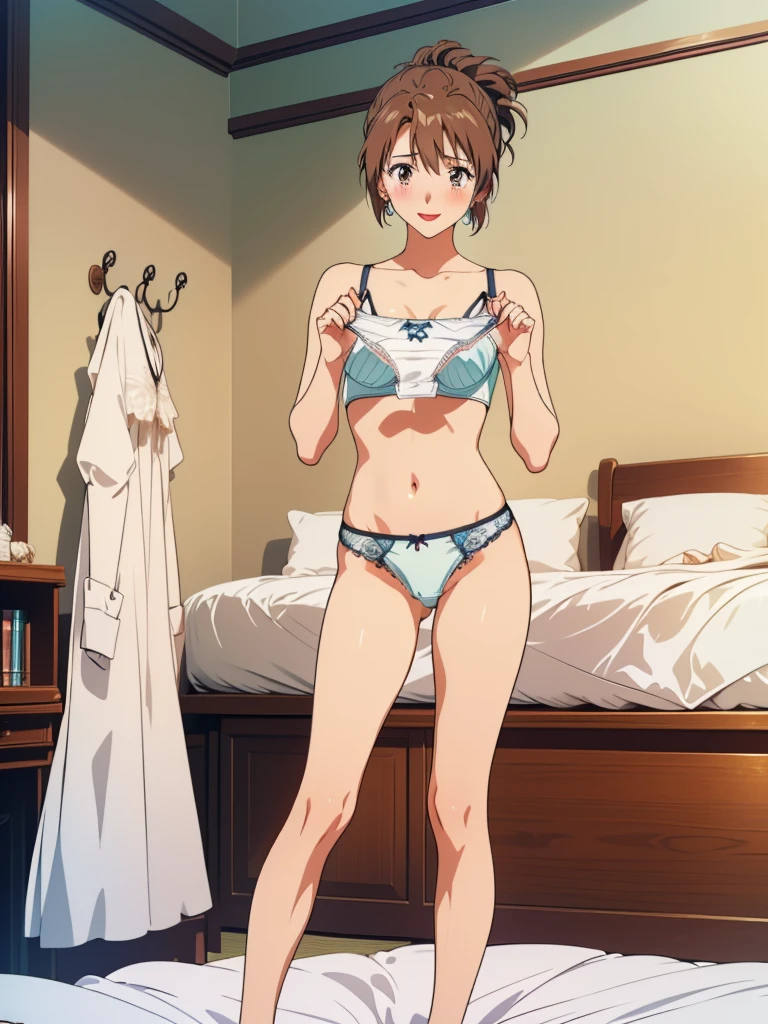 masterpiece, top quality, ultra detailed, ((((AIKA_SUMERAGI, folded ponytail, best anatomy, in underwear, (panties, elaborately designed luxury panties for adults, panties high definition images, draw panties with super precision), lace trimmed bra, extremely detailed texture, earrings, red lip, embarrassed, blush, smile)))), cowboy shot, (((underwear in bed room))), white skin, (presenting panties), (display panties),holding panties with both hands,(panties taken off:1.5), panties on bed