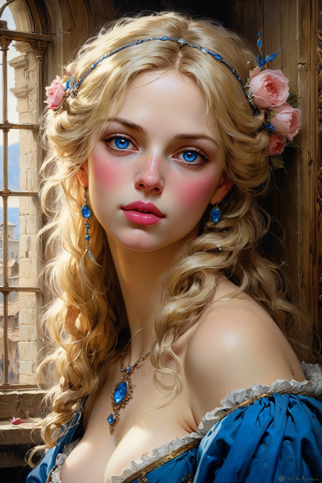 Victorian Italian women of the 14th century, Blonde hair, Pink lips, Nice features, Wadim Kashin, James gurney, ink, Splash Art, Amazing beauty, Royo, after sexing, Super detailed splash art modern European oil ink painting, Mid Gorgeous chests, Gorgeous Body, oil painting, Bright Diamond Blue eyes, Blush, (no NSFW image), only one head:1.4.