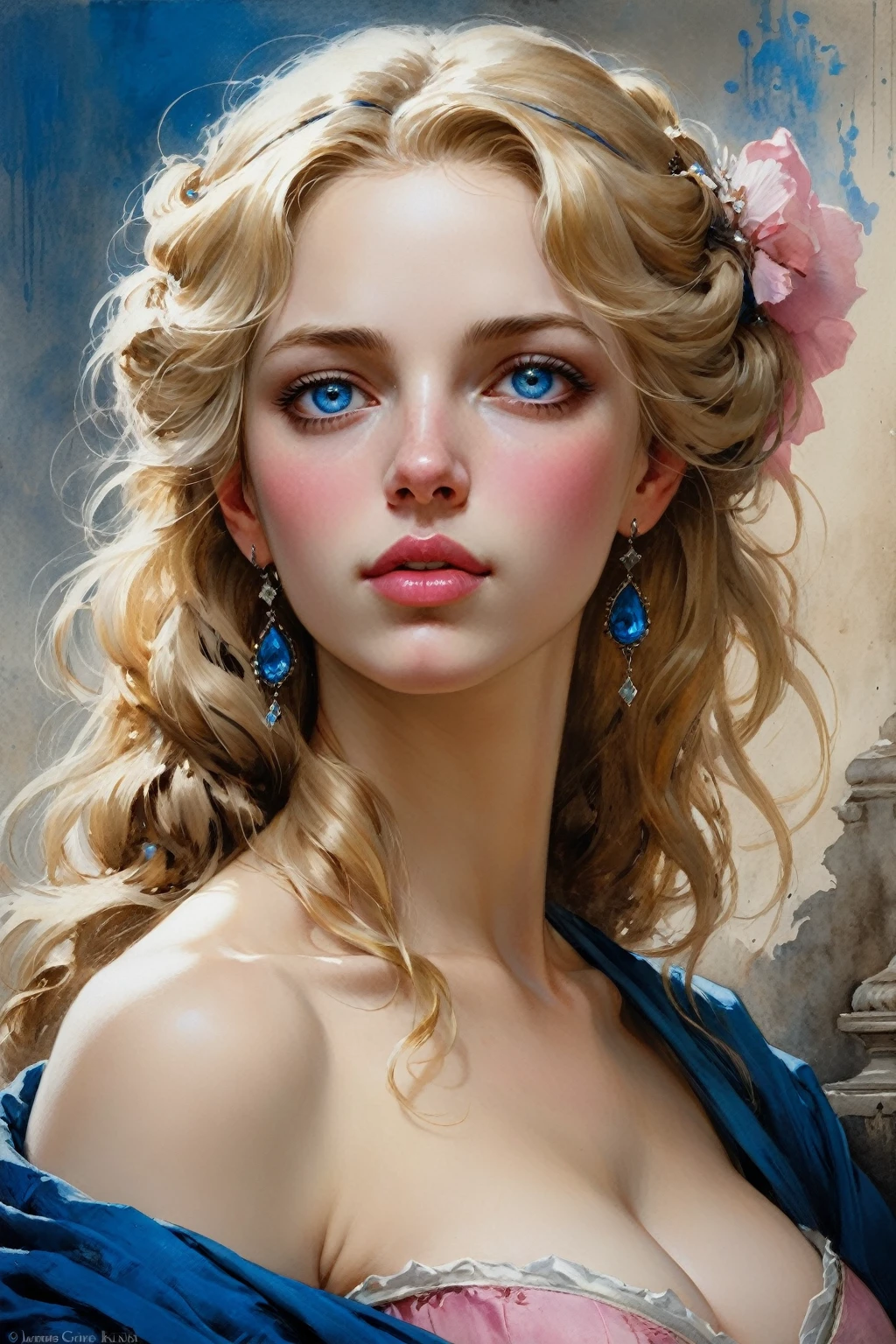 Victorian Italian women of the 14th century, Blonde hair, Pink lips, Nice features, Wadim Kashin, James gurney, ink, Splash Art, Amazing beauty, Royo, after sexing, Super detailed splash art modern European oil ink painting, Mid Gorgeous chests, Gorgeous Body, oil painting, Bright Diamond Blue eyes, Blush, (no NSFW image), only one head:1.4.