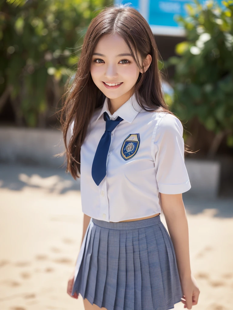 (1woman), (round eyes:1.2), (highly detailed face and eyes), (big smile), Amazing face and eyes, (school uniform, pleated mini skirt:1.3), (Best Quality:1.4), (Ultra-detailed), (extremely detailed CG unified 8k wallpaper), Highly detailed, High-definition raw color photos, Professional Photography, Realistic portrait, summer, (beach), depth of fields, (fine face:1.2),