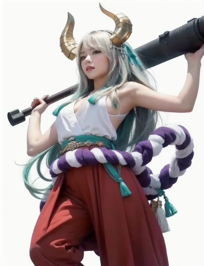 cute jananense girl, Wearing a white sleeveless kimono, gian iron mace, realistic