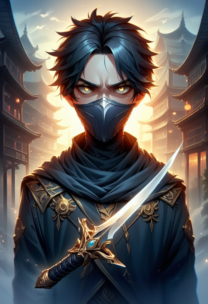 NSFW,Highest quality, Intricate details, chromatic aberration,One Girl, Black kimono with gold rimming, Hair tied in a ponytail,Black Hair,Yellow Eyes,Sword on waist,god々Shining Eyes, The light hits her face,Full Art,Facing forward,Have a conversation,whole body,Urban area,Character portrait,battle,Possession of a sword,Slashing Effects