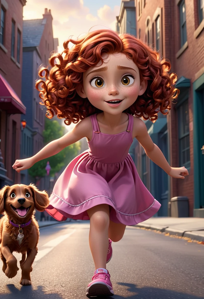 Layla Troft, , curly red hair, simple pink dress, running with your dog on the street, scene comes to life with the magic of Pixar animation
