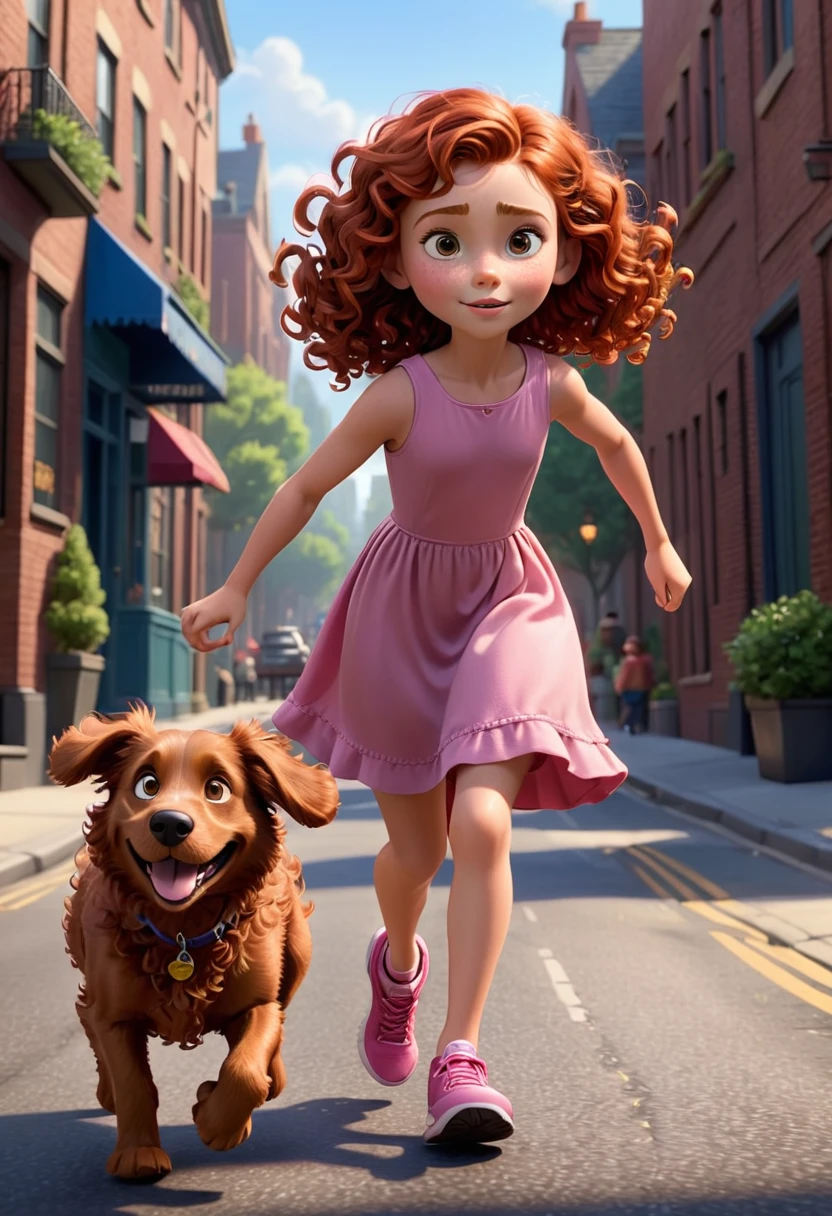 Layla Troft,  9 years old, curly red hair, simple pink dress, running with your dog on the street, scene comes to life with the magic of Pixar animation