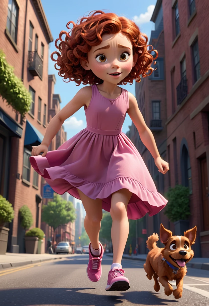 Layla Troft,  9 years old, curly red hair, simple pink dress, running with your dog on the street, scene comes to life with the magic of Pixar animation