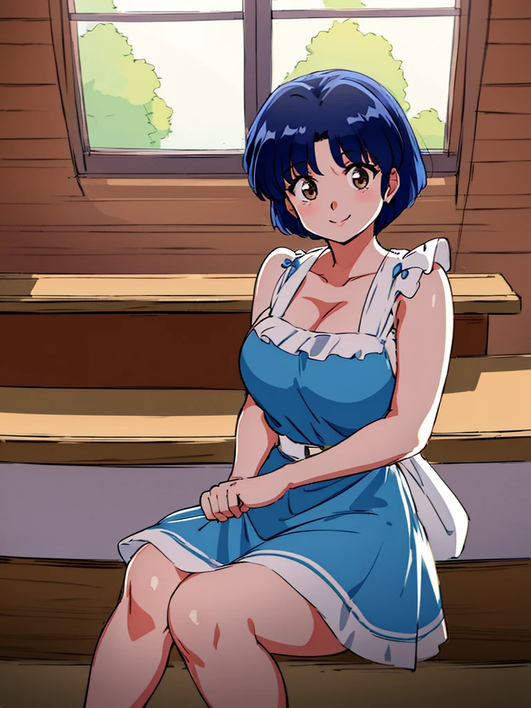 HDR, CG, sharp focus, (8k), (4k), masterpiece, best quality, detailed skin, extremely detailed, hiper detailed, sharp focus, looking at viewer, high quality, AKANE, Akane tendou, short hair, blue hair, brown eyes , tetas grandes, solo, 1girl, hands on chest,  sit on bar chair, bar background, pelvic curtain dress, waving, happy smile, 
