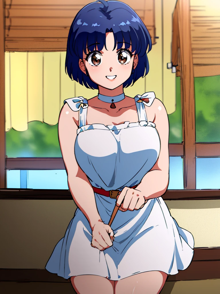 HDR, CG, sharp focus, (8k), (4k), masterpiece, best quality, detailed skin, extremely detailed, hiper detailed, sharp focus, looking at viewer, high quality, AKANE, Akane tendou, short hair, blue hair, brown eyes , tetas grandes, solo, 1girl, hands on chest, sit on bar chair, bar background, pelvic curtain dress, waving, happy smile,