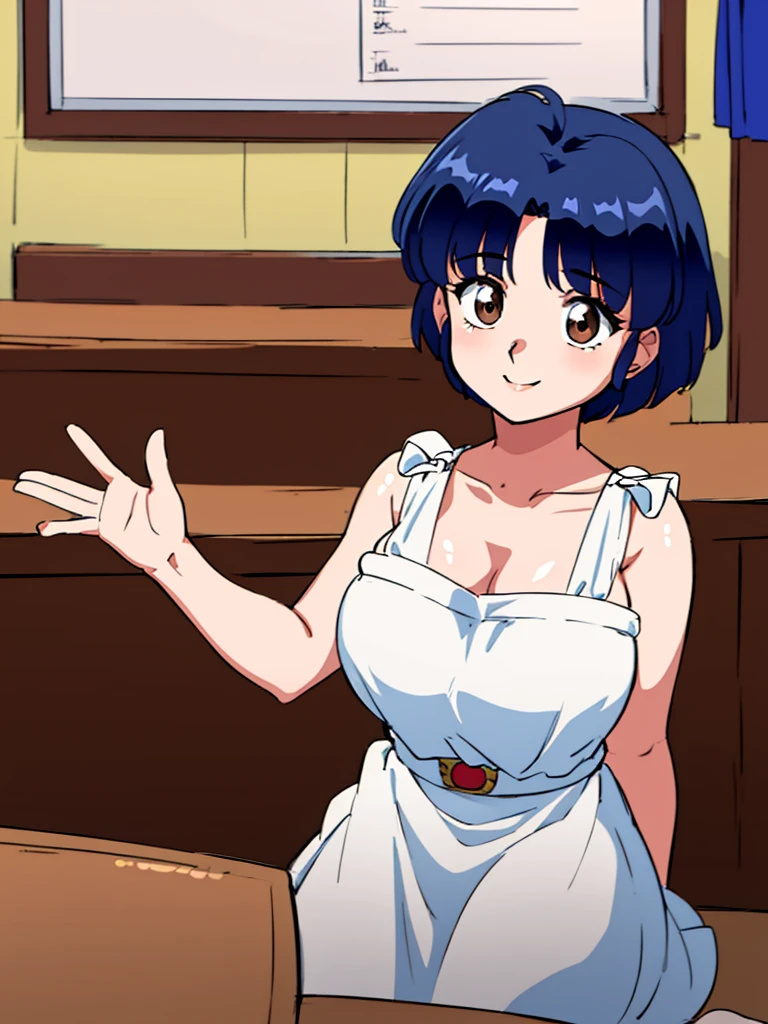 HDR, CG, sharp focus, (8k), (4k), masterpiece, best quality, detailed skin, extremely detailed, hiper detailed, sharp focus, looking at viewer, high quality, AKANE, Akane tendou, short hair, blue hair, brown eyes , tetas grandes, solo, 1girl, hands on chest,  sit on bar chair, bar background, pelvic curtain dress, waving, happy smile, 
