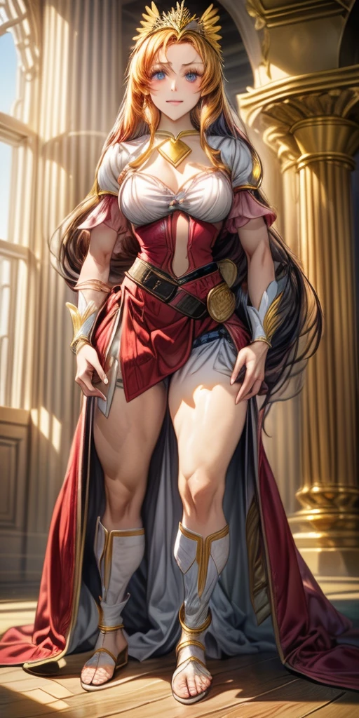 female pale skin full body whole body 1sologirl standing loincloth warrior proud expression, hands on the hips, standing loincloth, hands on the hips, metal sandals, leather choker with golden bell navel, leather corset, big belt, View from below, Feet together, Bracers, tiara