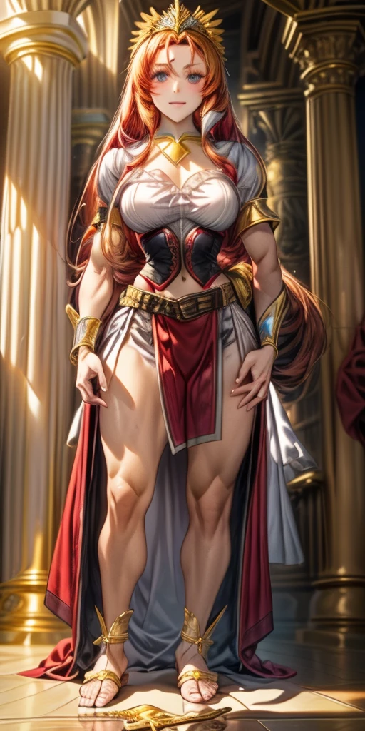 female pale skin full body whole body 1sologirl standing loincloth warrior proud expression, hands on the hips, standing loincloth, hands on the hips, metal sandals, leather choker with golden bell navel, leather corset, big belt, View from below, Feet together, Bracers, tiara