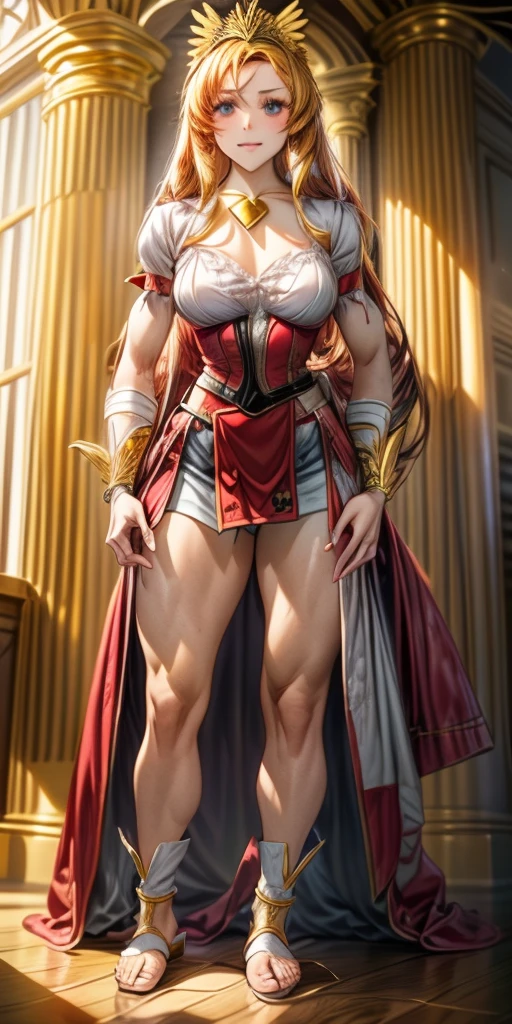 female pale skin full body whole body 1sologirl standing loincloth warrior proud expression, hands on the hips, standing loincloth, hands on the hips, metal sandals, leather choker with golden bell navel, leather corset, big belt, View from below, Feet together, Bracers, tiara