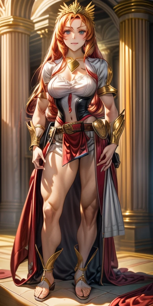 female pale skin full body whole body 1sologirl standing loincloth warrior proud expression, hands on the hips, standing loincloth, hands on the hips, metal sandals, leather choker with golden bell navel, leather corset, big belt, View from below, Feet together, Bracers, tiara