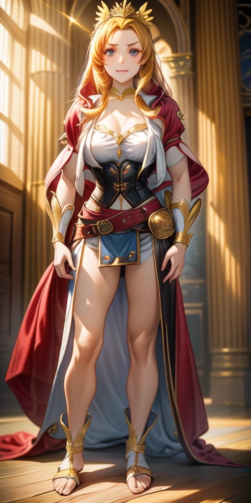 female pale skin full body whole body 1sologirl standing loincloth warrior proud expression, hands on the hips, standing loincloth, hands on the hips, metal sandals, leather choker with golden bell navel, leather corset, big belt, View from below, Feet together, Bracers, tiara