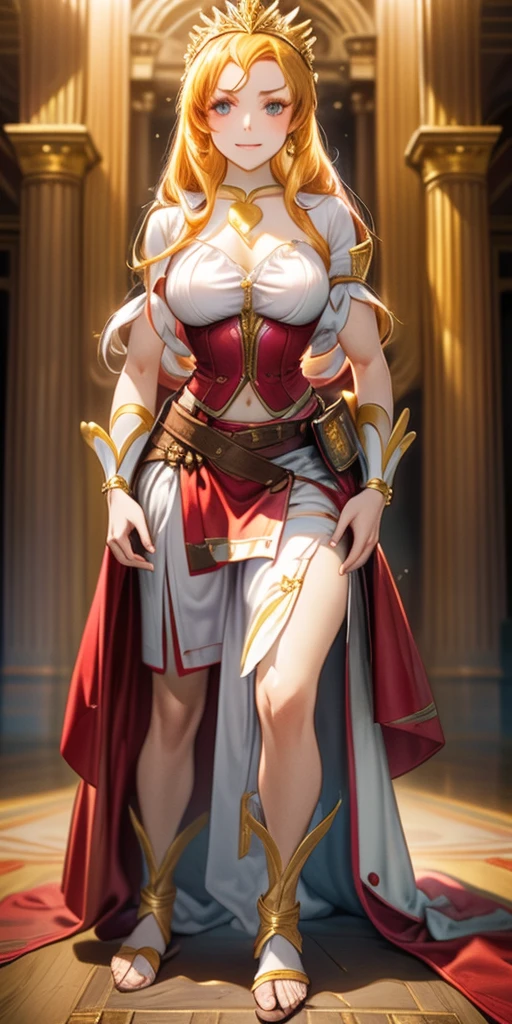 female pale skin full body whole body 1sologirl standing loincloth warrior proud expression, hands on the hips, standing loincloth, hands on the hips, metal sandals, leather choker with golden bell navel, leather corset, big belt, View from below, Feet together, Bracers, tiara