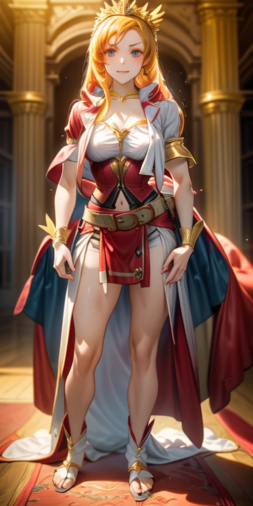 female pale skin full body whole body 1sologirl standing loincloth warrior proud expression, hands on the hips, standing loincloth, hands on the hips, metal sandals, leather choker with golden bell navel, leather corset, big belt, View from below, Feet together, Bracers, tiara