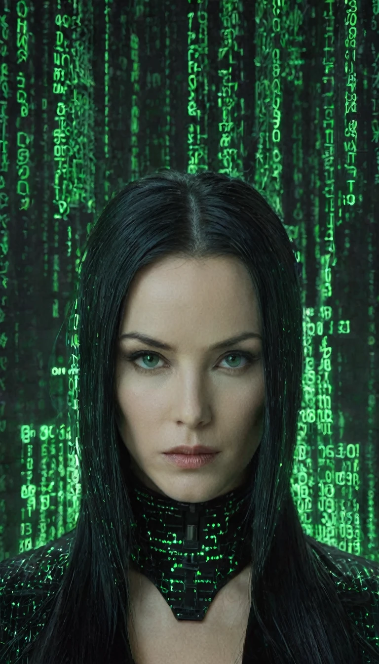 face portrait of "Trinity's quest: Green matrix code flowing in the middle and background.", tritnity is white woman with long black hair, jogado para o lado, wearing a black latex coat, that works secretly with Morpheus and neo. focusing on the face, magical and mysterious theme