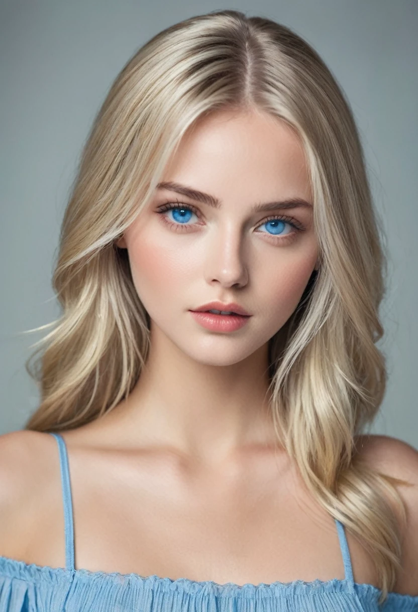 A Model with Blonde Hair and Blue Eyes, with a Seductive Look and Young Appearance, with her beautiful Hair covering part of her Face.