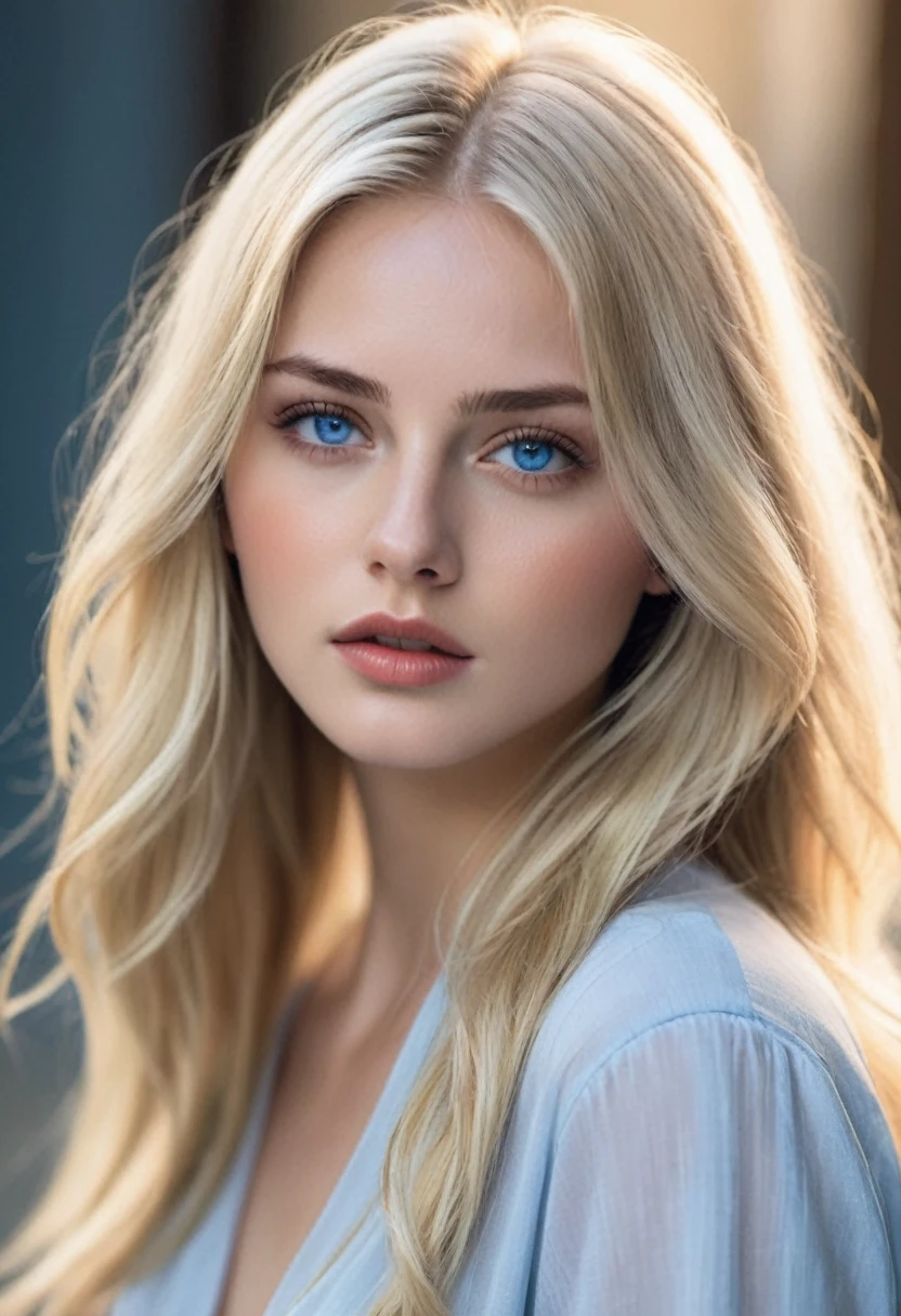 A Model with Blonde Hair and Blue Eyes, with a Seductive Look and Young Appearance, with her beautiful Hair covering part of her Face.