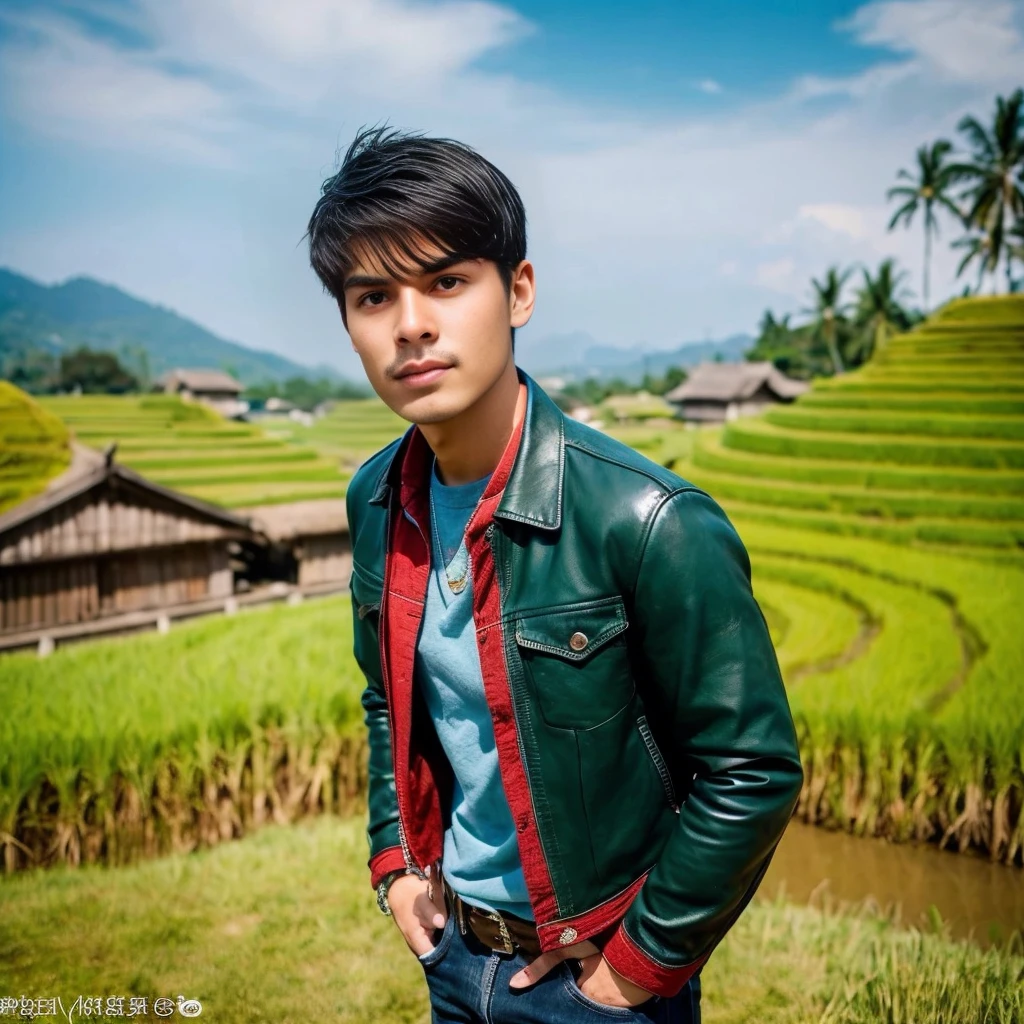 Close-up of a Southeast Asian man with a round face., black eyes, staring at the viewer, morning sun, ((face details)), Double eyelids, realistic, Masterpiece, Highest quality, lens flare, shade, [[Chromatic aberration, digital painting, 8K, 45,000,000,000 pixels,, t-shirt, long hair,black eyes,abdominal muscles, The body is beautiful and strong., Curvy chest, (digital painting, HDR, high contrast,